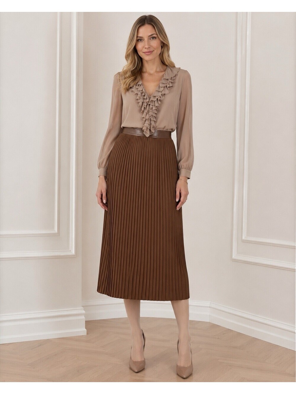 Marc New York Size M Brown Pleated Faux Leather Midi Skirt